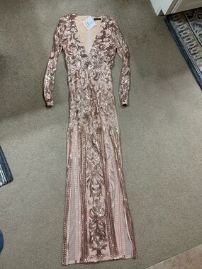 Banjul Rose Gold Sequin Deep V Long Sleeve Gown